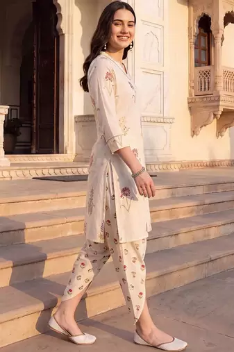 women floral printed regular thread work kurta with dhoti pants