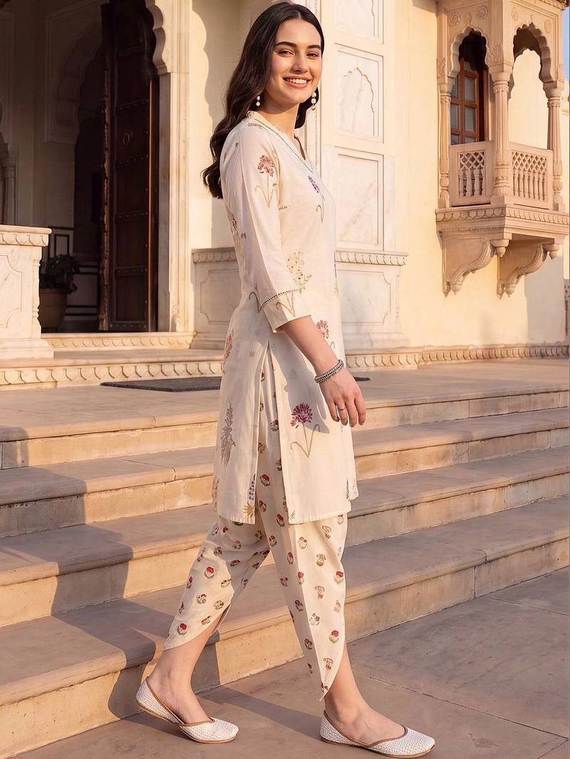 women floral printed regular thread work kurta with dhoti pants