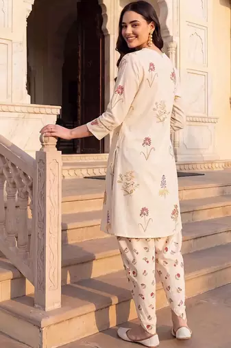 women floral printed regular thread work kurta with dhoti pants