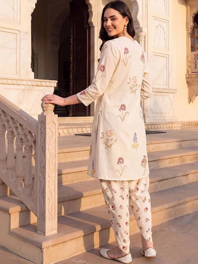 women floral printed regular thread work kurta with dhoti pants