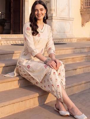 women floral printed regular thread work kurta with dhoti pants 5