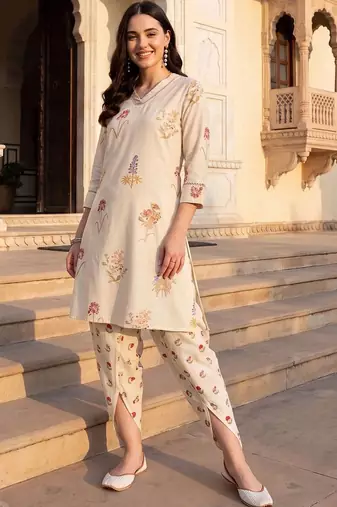 women floral printed regular thread work kurta with dhoti pants