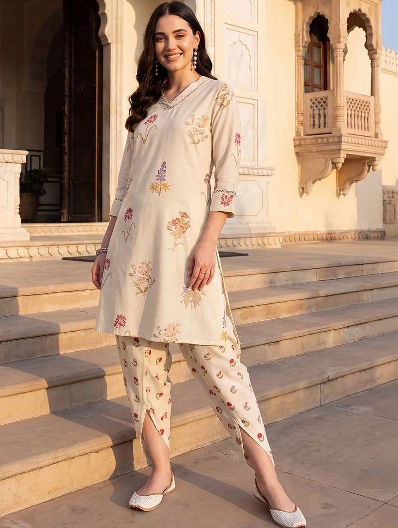 women floral printed regular thread work kurta with dhoti pants