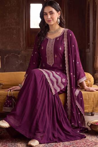 women ethnic motifs embroidered regular thread work kurta with sharara & with dupatta