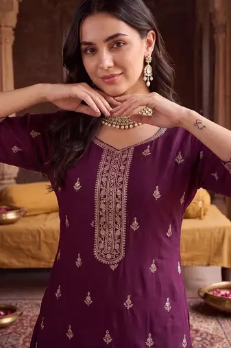 women ethnic motifs embroidered regular thread work kurta with sharara & with dupatta