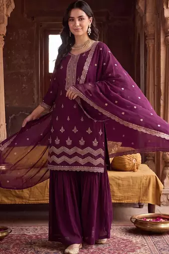 women ethnic motifs embroidered regular thread work kurta with sharara & with dupatta