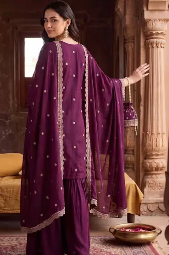 women ethnic motifs embroidered regular thread work kurta with sharara & with dupatta