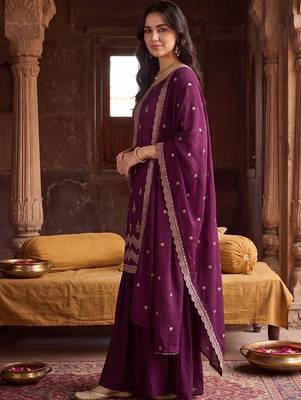 women ethnic motifs embroidered regular thread work kurta with sharara & with dupatta 5