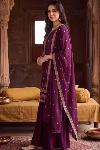 women ethnic motifs embroidered regular thread work kurta with sharara & with dupatta