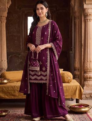 women ethnic motifs embroidered regular thread work kurta with sharara & with dupatta 6