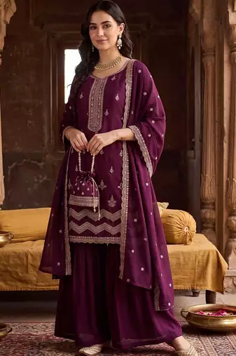 women ethnic motifs embroidered regular thread work kurta with sharara & with dupatta