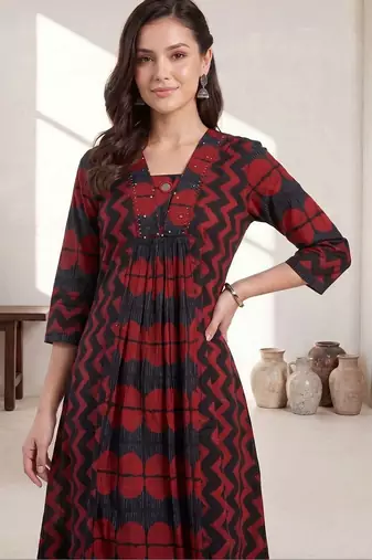 women printed empire cotton kurta with trousers