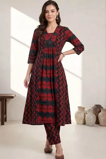 women printed empire cotton kurta with trousers