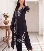 women ethnic motifs embroidered regular thread work kurta with trousers & with dupatta