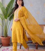 women ethnic motifs embroidered regular thread work kurta with trousers & with dupatta