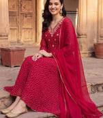 women ethnic motifs printed regular thread work kurta with trousers & with dupatta