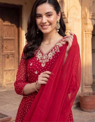 women ethnic motifs printed regular thread work kurta with trousers & with dupatta 2