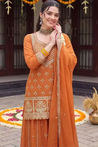 women ethnic motifs embroidered regular thread work kurta with sharara & with dupatta