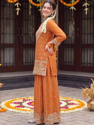 women ethnic motifs embroidered regular thread work kurta with sharara & with dupatta 5