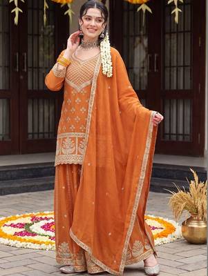 women ethnic motifs embroidered regular thread work kurta with sharara & with dupatta 1