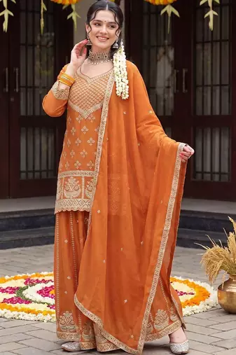 women ethnic motifs embroidered regular thread work kurta with sharara & with dupatta