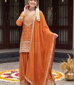 women ethnic motifs embroidered regular thread work kurta with sharara & with dupatta