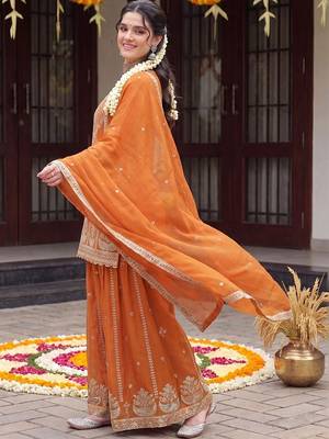 women ethnic motifs embroidered regular thread work kurta with sharara & with dupatta 6