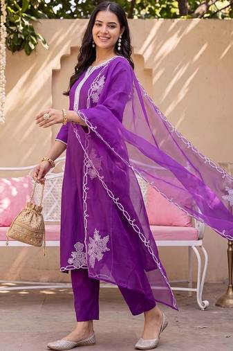 women ethnic motifs embroidered regular thread work liva kurta with trousers & with dupatta