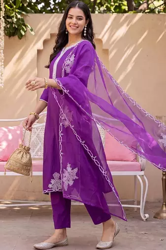 women ethnic motifs embroidered regular thread work liva kurta with trousers & with dupatta