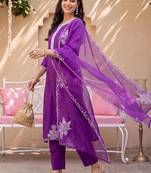 women ethnic motifs embroidered regular thread work liva kurta with trousers & with dupatta