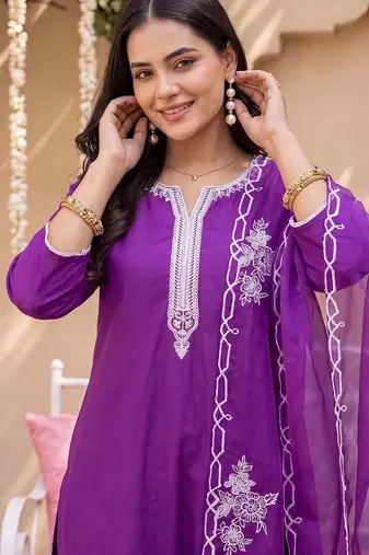women ethnic motifs embroidered regular thread work liva kurta with trousers & with dupatta