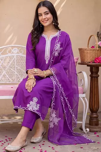 women ethnic motifs embroidered regular thread work liva kurta with trousers & with dupatta