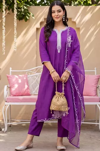 women ethnic motifs embroidered regular thread work liva kurta with trousers & with dupatta