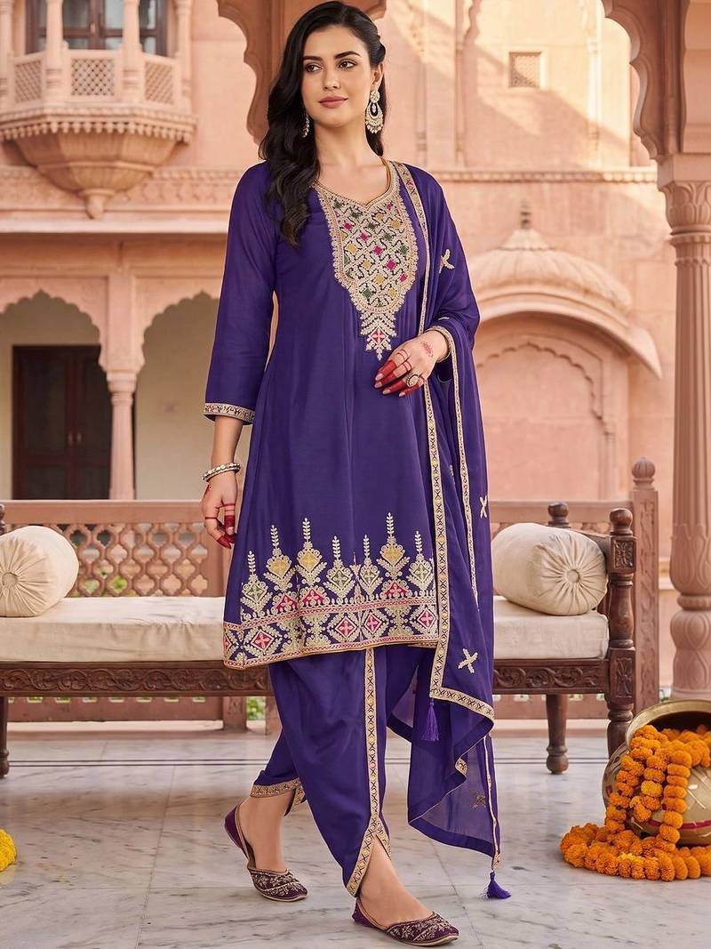 women ethnic motifs thread work kurta with patiala & dupatta