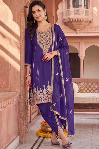 women ethnic motifs thread work kurta with patiala & dupatta