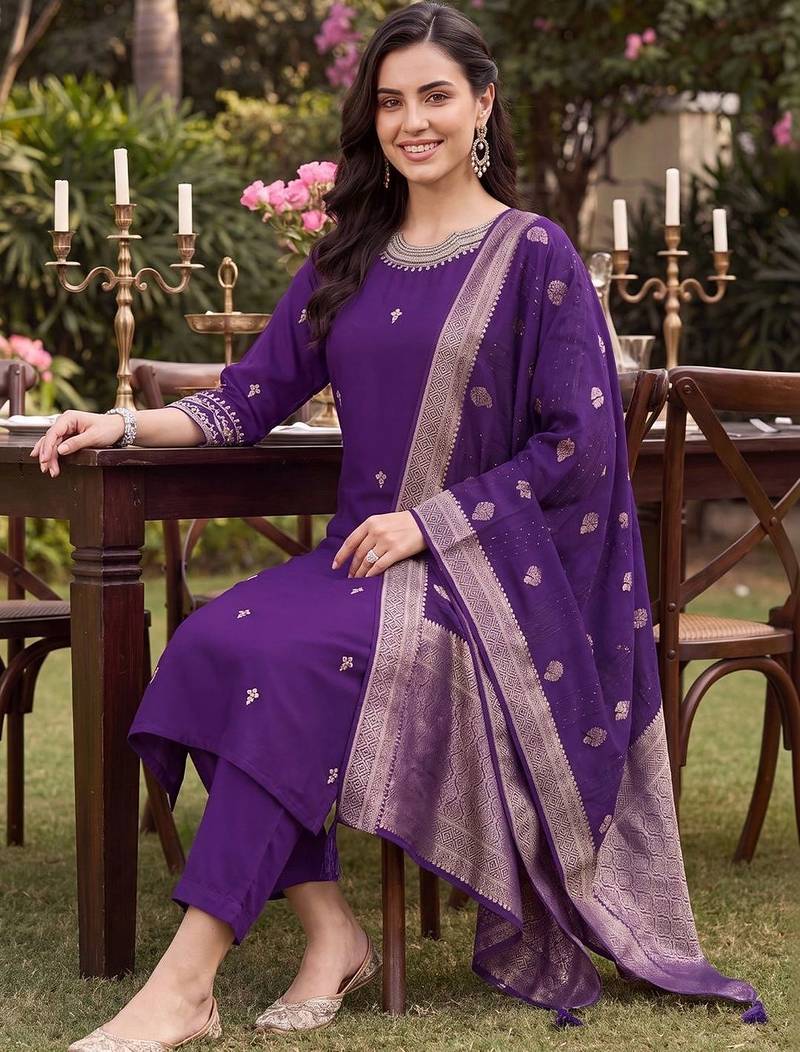 women ethnic motifs embroidered regular thread work kurta with trousers & with dupatta