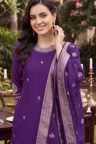 women ethnic motifs embroidered regular thread work kurta with trousers & with dupatta