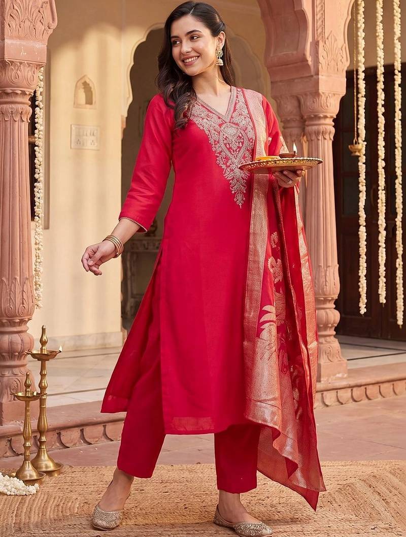 women ethnic motifs embroidered regular kurta with trousers & with dupatta