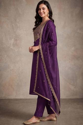 women ethnic motifs embroidered regular sequinned liva kurta with trousers & with dupatta