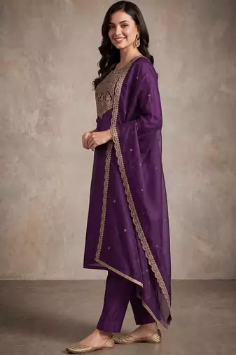 women ethnic motifs embroidered regular sequinned liva kurta with trousers & with dupatta