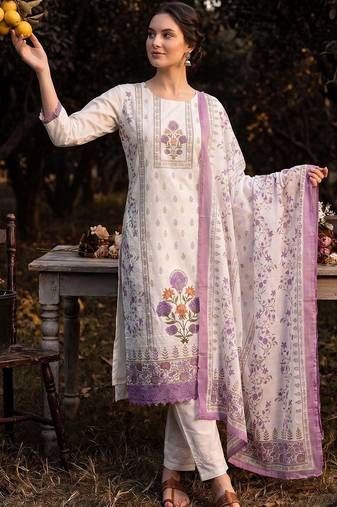 women floral printed regular cotton kurta with trousers & with dupatta