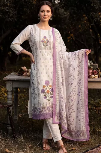 women floral printed regular cotton kurta with trousers & with dupatta