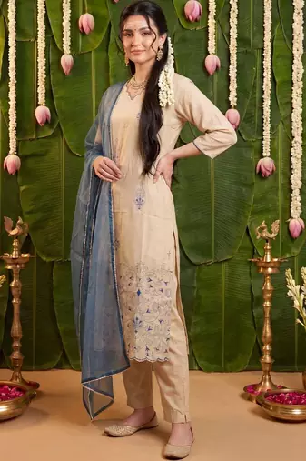 women ethnic motifs embroidered regular thread work kurta with trousers & with dupatta