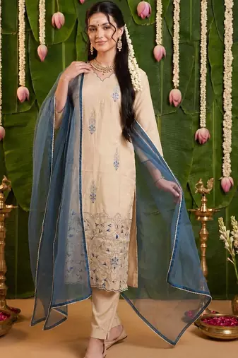 women ethnic motifs embroidered regular thread work kurta with trousers & with dupatta