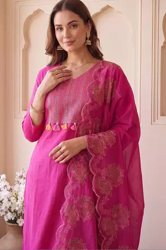 women ethnic motifs embroidered regular thread work cotton kurta with trousers & with dupatta