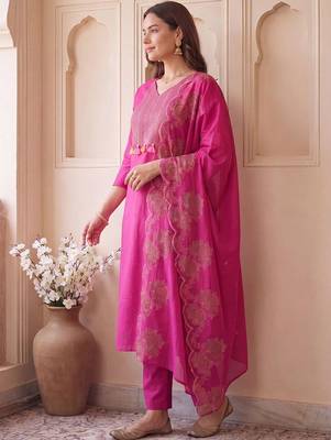 women ethnic motifs embroidered regular thread work cotton kurta with trousers & with dupatta 5