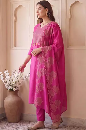 women ethnic motifs embroidered regular thread work cotton kurta with trousers & with dupatta