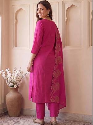 women ethnic motifs embroidered regular thread work cotton kurta with trousers & with dupatta 6