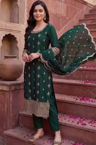 women ethnic motifs embroidered regular kurta with trousers & with dupatta
