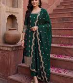 women ethnic motifs embroidered regular kurta with trousers & with dupatta